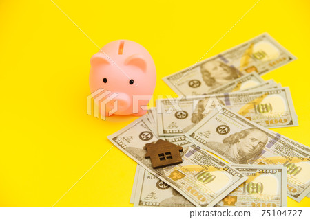 Mortgage concept. Piggy bank and coins near. House purchase. Mortgage concept. Piggy bank and coins near. House purchase. 75104727
