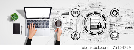 Data protection concept with person using laptop computer Data protection concept with person using laptop computer 75104799