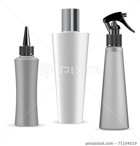 Hair dye bottle, shampoo, spray package mockup, 3d Hair dye bottle, shampoo, spray package mockup, 3d 75104819