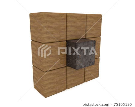 Wooden wall construction with rusted metal cube in the center 75105150