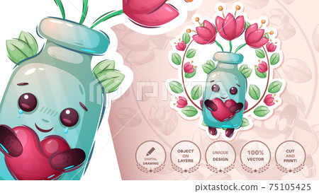 Childish cartoon character bottle with flower - cute sticker Childish cartoon character bottle with flower - cute sticker 75105425