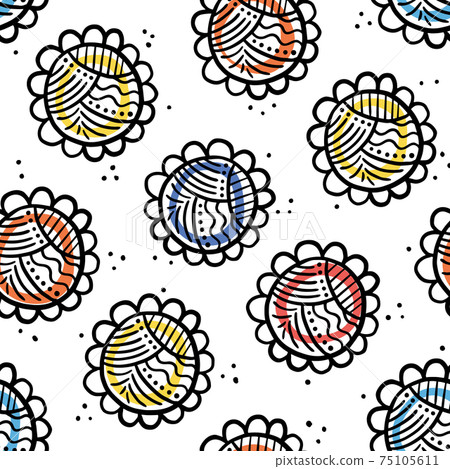 Simple abstract big flowers, daisy pattern with colorful elements. Can use for fabric, package. Vector seamles pattern 75105611