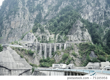 A cliff solidified with concrete besides the Kurobe Dam, Toyama Japan A cliff solidified with concrete besides the Kurobe Dam, Toyama Japan 75105958