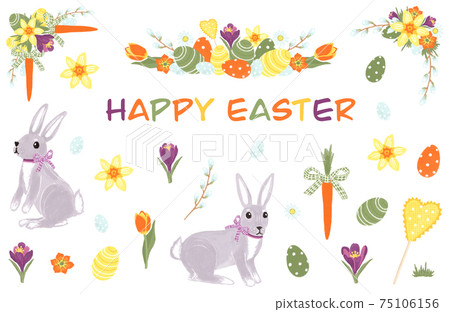 Set of cute easter illustrations and compositions with bunny, painted eggs and spring flowers 75106156