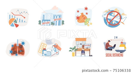 Vector cartoon flat illustrations set,coronavirus effects,covid prevention concept Vector cartoon flat illustrations set,coronavirus effects,covid prevention concept 75106338