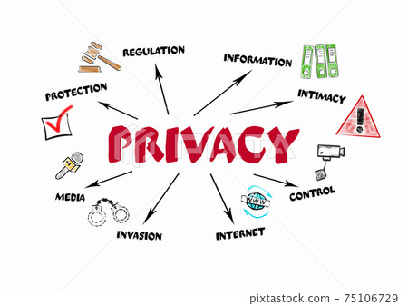 PRIVACY. Protection, Regulation, control and internet Concept. Chart with keywords and icons 75106729
