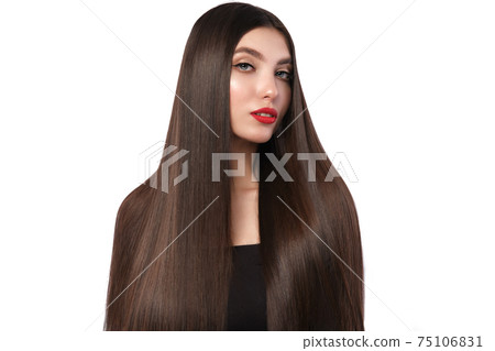Beautiful brown-haired girl with a perfectly smooth hair, and classic make-up. Beauty face and hair. Beautiful brown-haired girl with a perfectly smooth hair, and classic make-up. Beauty face and hair. 75106831