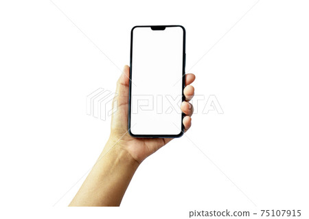 The hand is holding the white screen, the mobile phone is isolated on a white background with the clipping path. 75107915