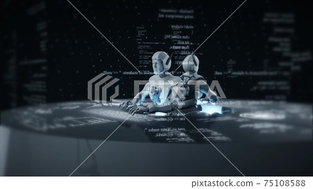 3d rendered illustration of Robots With Artificial Intelligence Working Together And Solving Problems 75108588