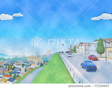 Residential area watercolor style hand-drawn style illustration from a hill Residential area watercolor style hand-drawn style illustration from a hill 75109407