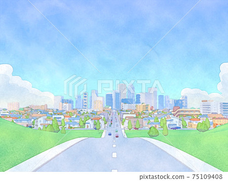 住宅區水彩風格手繪風格插畫通往城市的道路 75109408