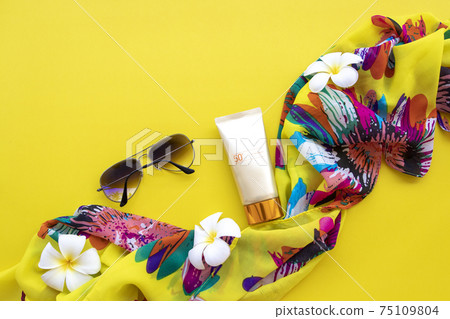 sunscreen spf50 cosmetics health care for skin face with scarf ,sunglasses of lifestyle woman relax 75109804