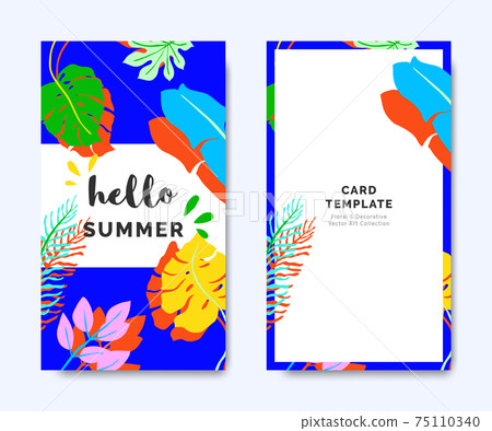 Hello summer invitation card template design, tropical plants on blue 75110340