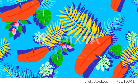 Botanical seamless pattern, hand drawn tropical plants on blue background Botanical seamless pattern, hand drawn tropical plants on blue background 75110341