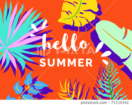 Hello summer banner template design, tropical plants on orange background Hello summer banner template design, tropical plants on orange background 75110342