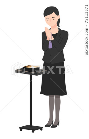 A woman in mourning. Illustration of a woman holding hands in front of the incense stand. A woman in mourning. Illustration of a woman holding hands in front of the incense stand. 75113571