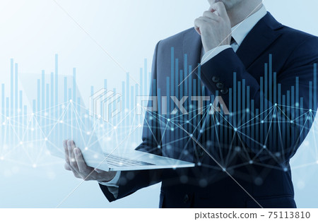 A man in a suit who uses the internet to analyze. Network structure and graph. 75113810