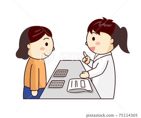 A woman receiving an explanation of the medicine from a female pharmacist A woman receiving an explanation of the medicine from a female pharmacist 75114305