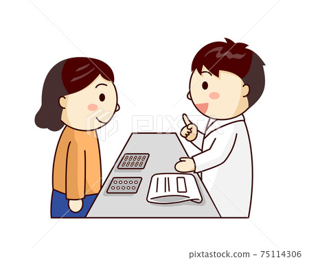 A woman receiving an explanation of the drug from a male pharmacist 75114306