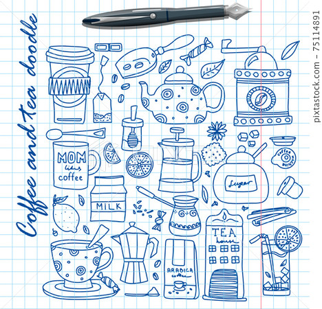 Big set of hand drawn coffee and tea doodles. A... - Stock Illustration ...