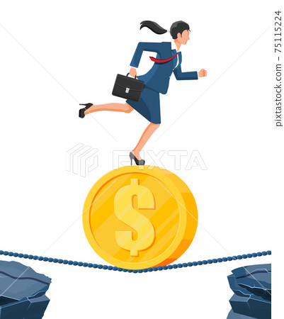 Businesswoman on coin walking on rope 75115224