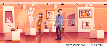 Visitors wear medic masks in museum with artworks Visitors wear medic masks in museum with artworks 75117968