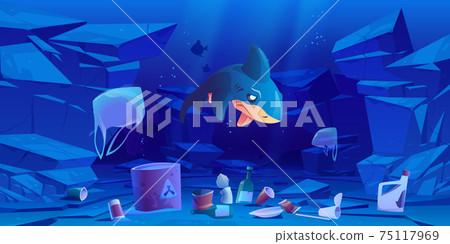 Sad shark, floating plastic bags and trash in sea Sad shark, floating plastic bags and trash in sea 75117969