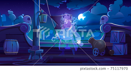 Ghost of pirate on ship deck at night 75117970
