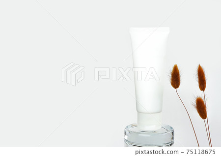 White cosmetic products tube on glass stand and brown herbs Lagurus. Blank plastic container for cream, lotion, toothpaste, nourishing or moisturizing mask. Natural organic spa cosmetics concept. 75118675