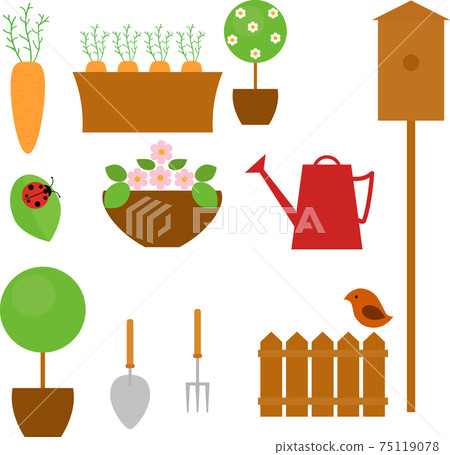 Gardening icon set with carrot, tree, flower and shovel 75119078