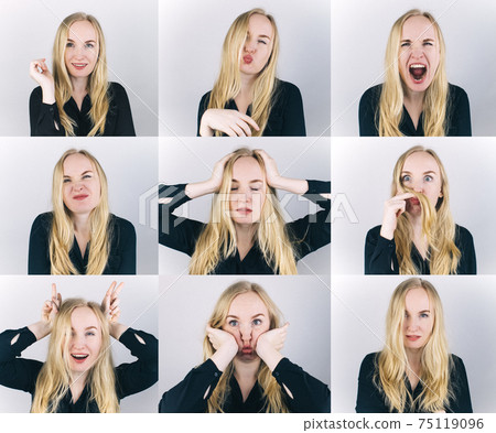 The blonde girl shows different emotions. From sadness to madness. Shouts, jokes, laughter, aggression, kindness, coquetry, anger, joy, fun. Multi shot. Photo set The blonde girl shows different emotions. From sadness to madness. Shouts, jokes, laughter, aggression, kindness, coquetry, anger, joy, fun. Multi shot. Photo set 75119096