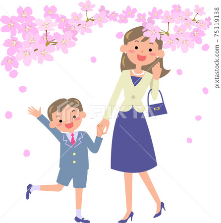 Mother and boy going to elementary school entrance ceremony 75119138
