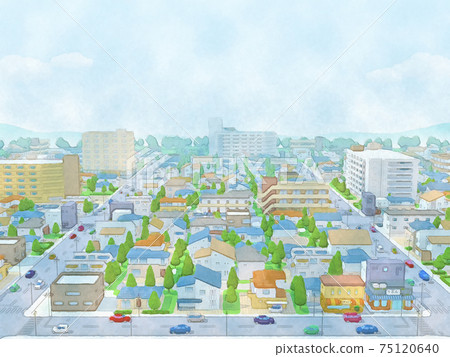 Residential area bird's-eye view 2 watercolor style hand-drawn style illustration Residential area bird's-eye view 2 watercolor style hand-drawn style illustration 75120640
