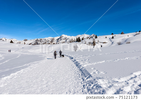 Hikers in Winter with Snow on Lessinia Plateau with the Monte Carega on Background Hikers in Winter with Snow on Lessinia Plateau with the Monte Carega on Background 75121173