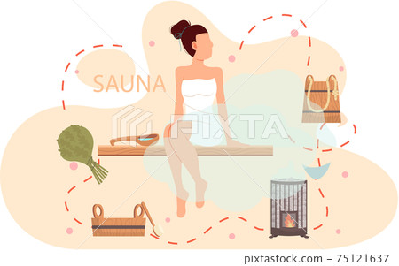 Woman sitting in wooden shelf and relaxing. Girl surrounded by bath accessories is steaming 75121637