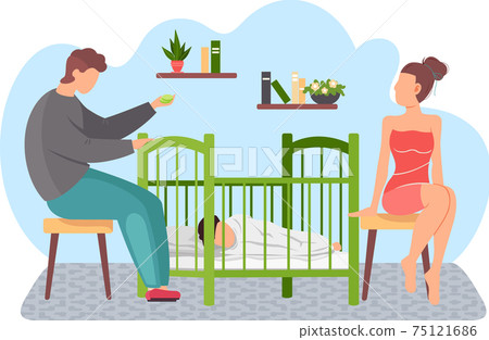 Parents playing with chips for game. Family is resting and communicating near baby cradle 75121686