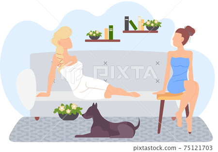 Friends are comunicating and spending time together in living room. Women are relaxing at home Friends are comunicating and spending time together in living room. Women are relaxing at home 75121703