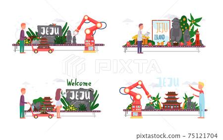 Jeju island in south korea scenes set. Dol hareubang and Hallasan mountain stone figures attraction Jeju island in south korea scenes set. Dol hareubang and Hallasan mountain stone figures attraction 75121704