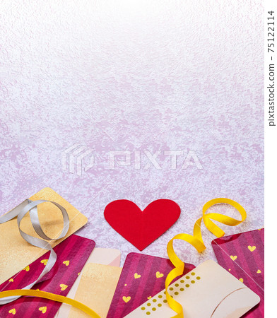 pink background with hearts and yellow ribbon, festive banner with decorations pink background with hearts and yellow ribbon, festive banner with decorations 75122114