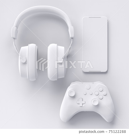 Top view of gamer workspace and gear like joystick, headset, mobile phone Top view of gamer workspace and gear like joystick, headset, mobile phone 75122288