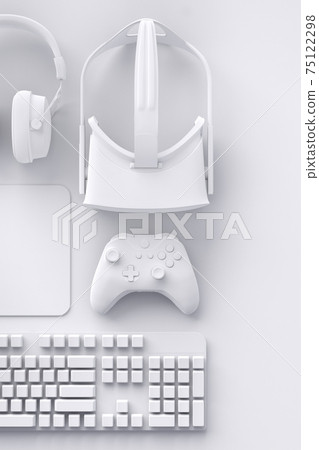 Top view of gamer workspace and gear like mouse, keyboard, joystick, headset, VR 75122298