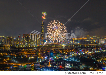 Beautiful fireworks celebrating on Ho Chi Minh city skyline Beautiful fireworks celebrating on Ho Chi Minh city skyline 75123754