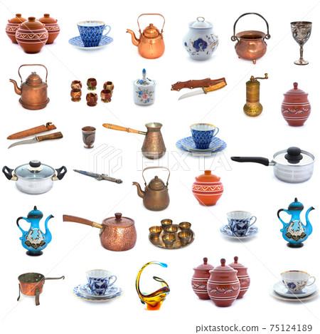 Collection of different dishes and tools on white background. Full size. Collection of different dishes and tools on white background. Full size. 75124189