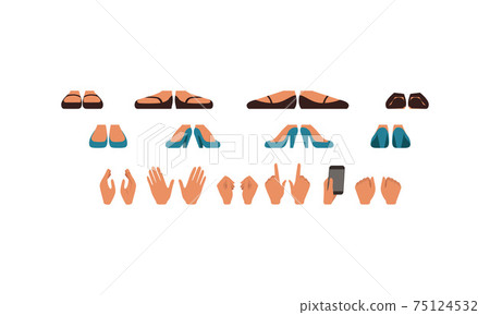 Shoes and Palms of Girl with Various Gestures Set, Female Person Character Creation Cartoon Vector Illustration Shoes and Palms of Girl with Various Gestures Set, Female Person Character Creation Cartoon Vector Illustration 75124532