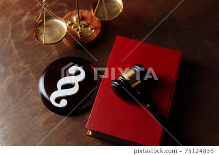 Paragraph symbol in courtroom and judge gavel on a law book 75124836