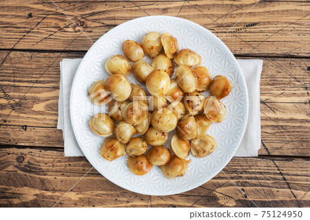 Traditional fried pelmeni, ravioli, dumplings filled with meat on plate, russian kitchen. Wooden rustic table, copy space. Traditional fried pelmeni, ravioli, dumplings filled with meat on plate, russian kitchen. Wooden rustic table, copy space. 75124950