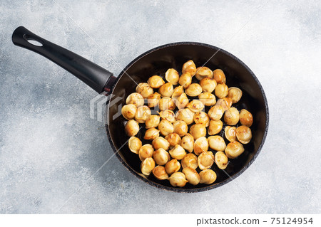 Delicious fried dumplings with meat in a pan. Copy space top view 75124954