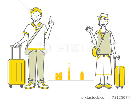 A simple and refreshing line art illustration of a young couple going on a trip happily A simple and refreshing line art illustration of a young couple going on a trip happily 75125074