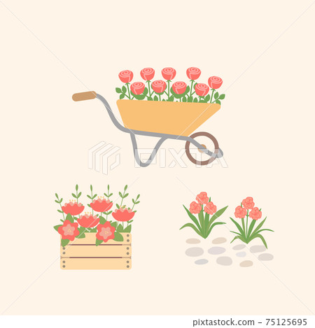 Garden flowers in a wheelbarrow, wooden box, creative flower beds. Isolated objects, symbols of gardening. Cute vector illustration. 75125695