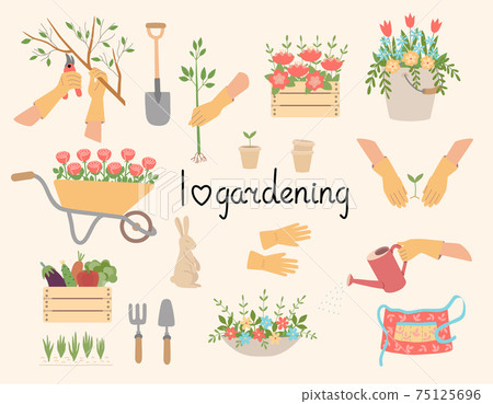 A set of gardening tools, equipment, and clothing. Hands in gloves performing actions. Garden accessories, shovel, bucket, flowerbed, apron, gloves, flowers, vegetables, hare figure. 75125696